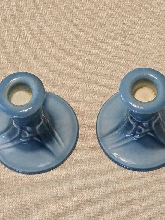 RARE Rookwood Pottery Art 1940s Candle Holders #6532 Blue Ceramic Glazed Vintage - Picture 3 of 5